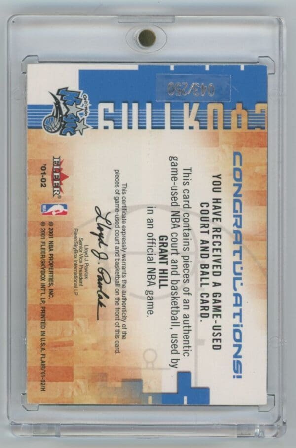 2001 NBA Fleer Game Used Ball and Court Grant Hill 17 043/250 - Image 2