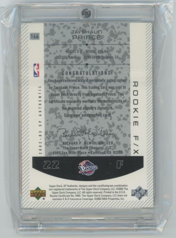 2002 Upper DeckSP Authentic Tayshaun Prince 164 rookie autographed  1323/1500 - Image 2