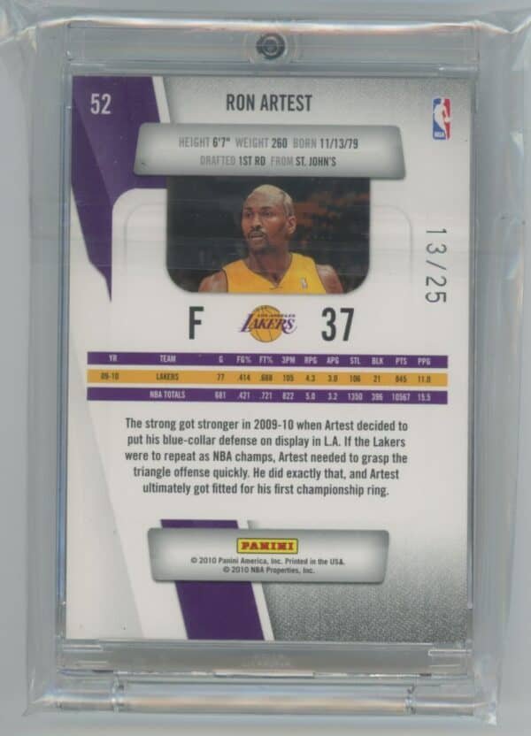 2010 Panini Prestige Bonus Shots Green Ron Artest 52 13/25 - Image 2