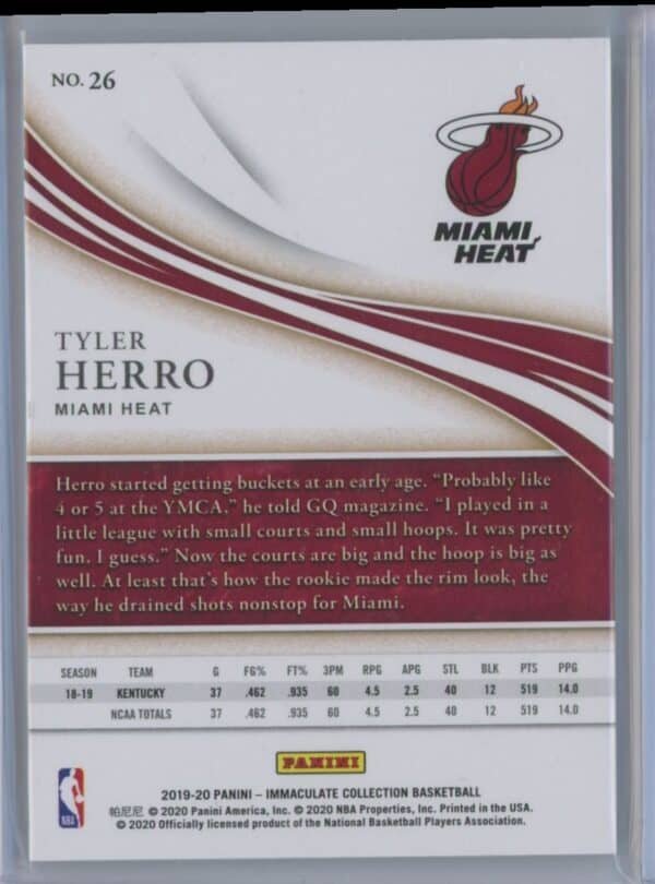 2019 Panini Immaculate Collection Tyler Herro 26 rookie  24/99 - Image 2