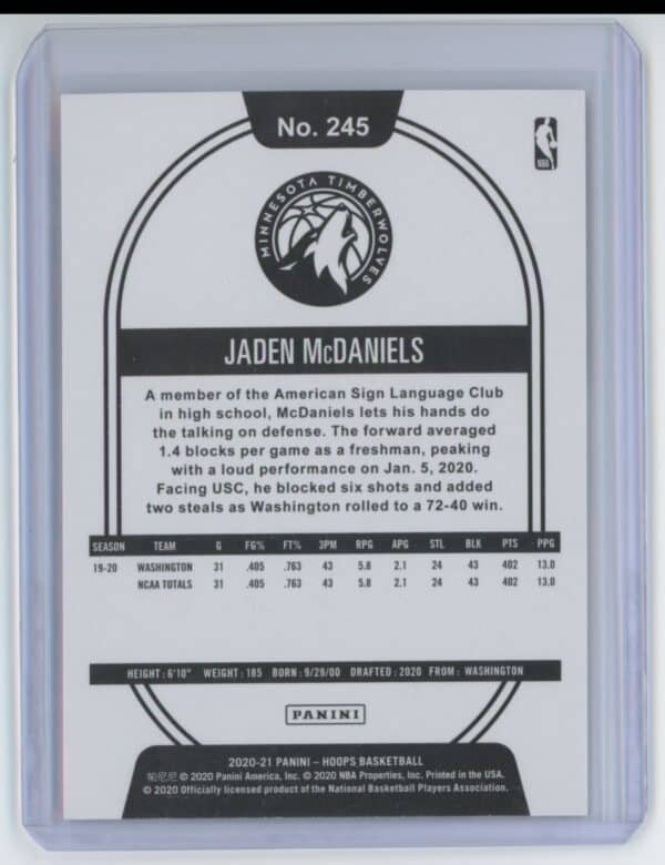 2020 Panini Hoops Blue Jaden McDaniels 245 rookie - Image 2