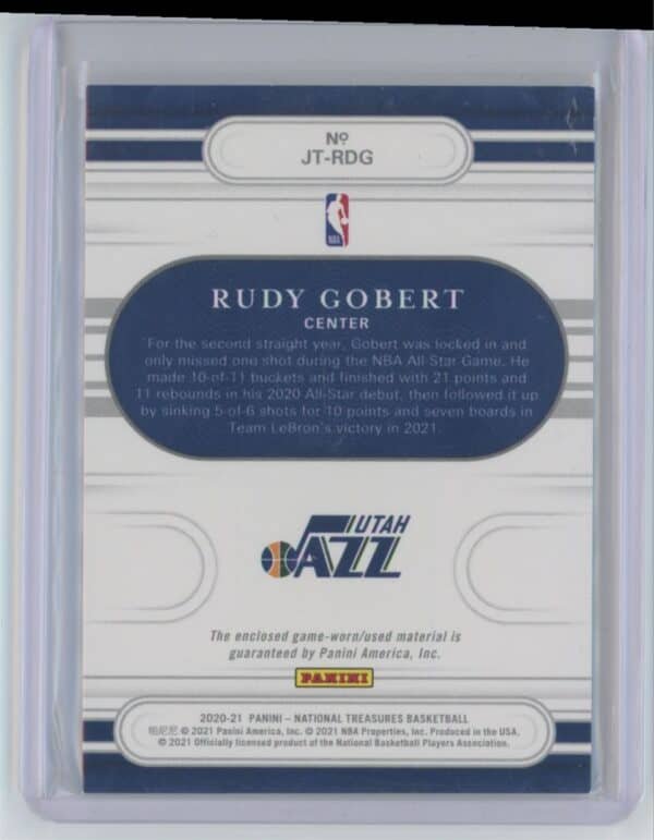 2020 Panini National Treasures Jersey Rudy Gobert JT-RDG 40/99 - Image 2