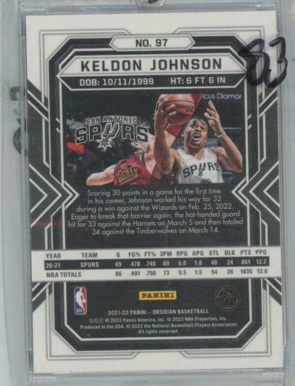 2021 Panini Obsidian Electric Etch Blue Flood Keldon Johnson 97 - Image 2
