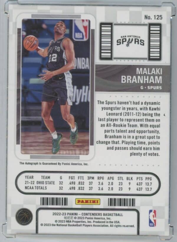 2022 Panini Contenders Malaki Branham 125 rookie autographed - Image 2