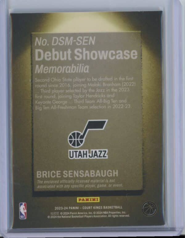 2023 Panini Court Kings Debut Showcase Memorabilia Brice Sensabaugh DSM-SEN rookie - Image 2
