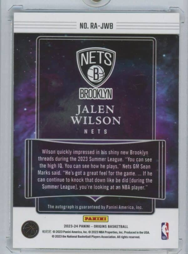 2023 Panini Origins Rookie Autographs Jalen Wilson RA-JWB rookie autographed - Image 2