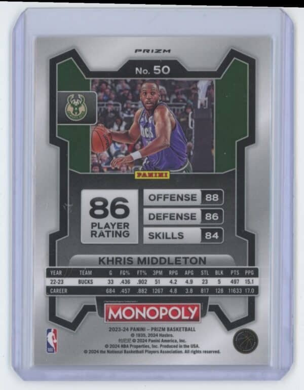 2023 Panini Prizm Monopoly Purple Khris Middleton 50 - Image 2
