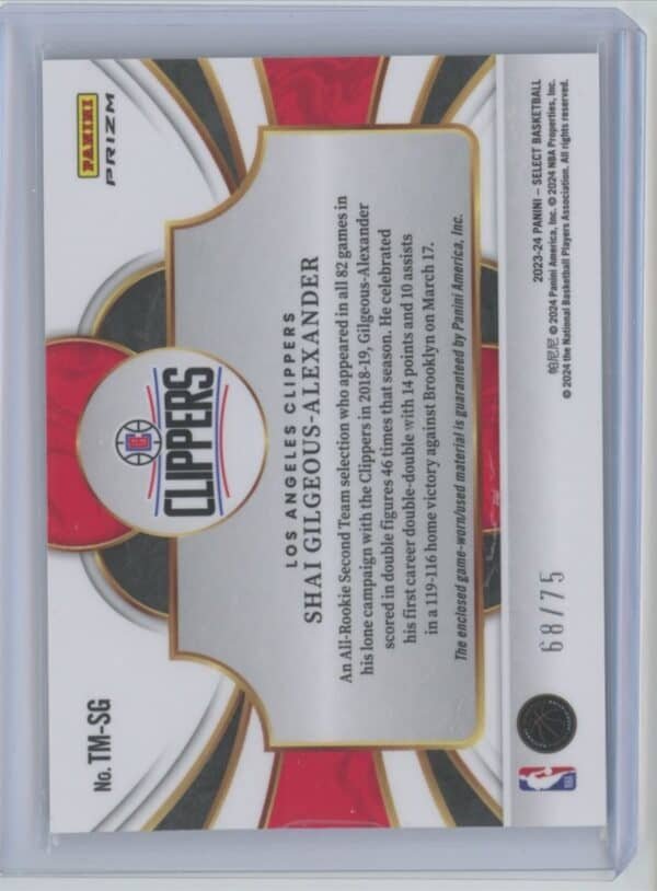 2023 Panini Select Throwback Jersey Shai Gilgeous-Alexander TM-SG 68/75 - Image 2
