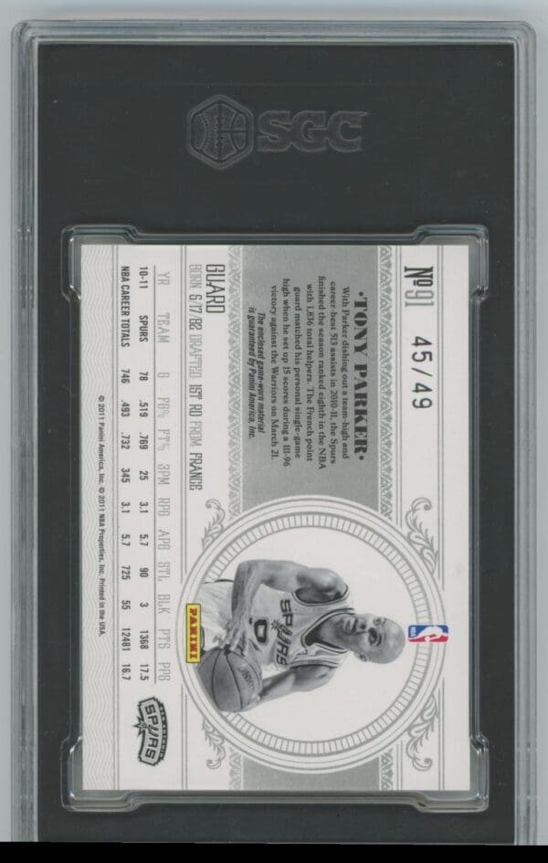 2010 Panini National Playoffs Treasures Tony Parker 91 autographed sgc 9.5 45/49 - Image 2