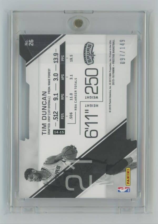 2015 Panini Prestige Bonus Shots Orange Tim Duncan 26097/149 - Image 2