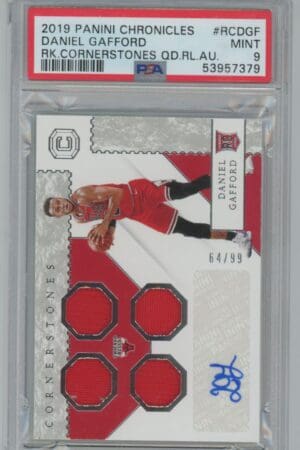 A 2019 Panini Chronicles Daniel Gafford RC Auto (#RC-DGF), featuring a Chicago Bulls image, red jersey patch, autograph, serial #64/99, and PSA 9 Mint slab.