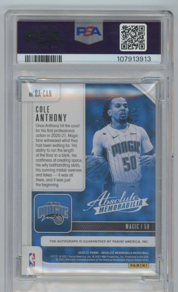 2020 Panini Absolute Memorabilia Rookie Autographs Level 1 Cole Anthony RA-CAN rookie autographed psa 10 - Image 2