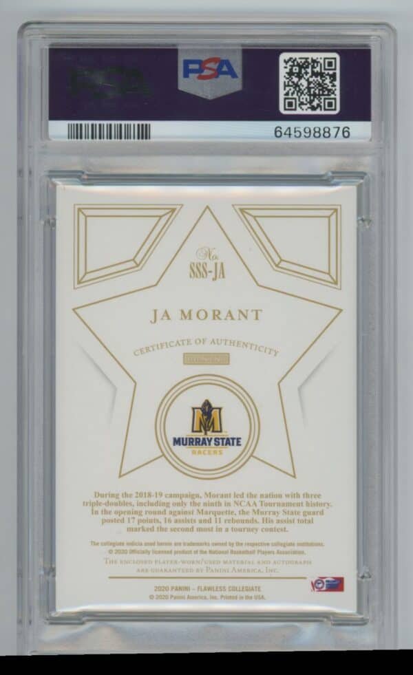 2020 Panini Flawless Collegiate Ja Morant Star Swatch Auto SSS-JA autographed psa 9 006/20 - Image 2