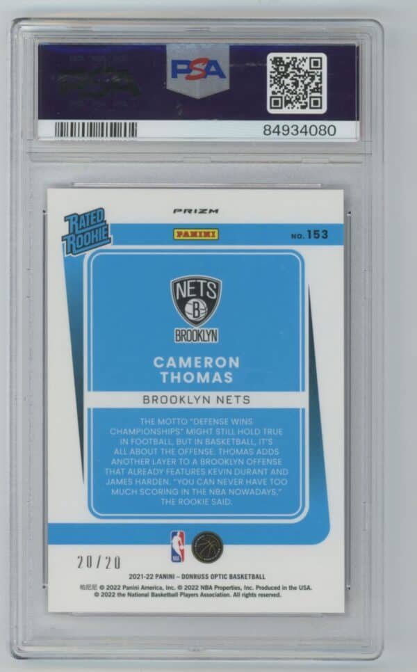2021 Donruss Optic Rated Rookies Signatures Fast Break Pink Cameron Thomas Fast Break Pink 153 rookie autographed psa 9 20/20 - Image 2