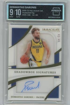 Graded Domantas Sabonis Panini Immac. Shadow Box Sigs. ARENA 9 card #SHA-DSB, 2021, serial #42/49, features his autograph and shows him in an Indiana Pacers jersey.