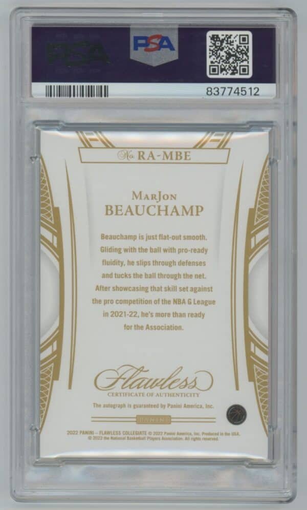 2022 Panini Flawless Collegiate Rookie Autographs MarJon Beauchamp RA-MBE rookie autographed psa 10 02/25 - Image 2