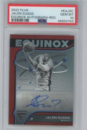 2022 Panini Flux Equinox Autos Red #EA-JSG Jalen Suggs, PSA 10 Gem Mint, serial numbered 22/35, featuring a bold blue autograph and securely encased in a protective PSA holder.