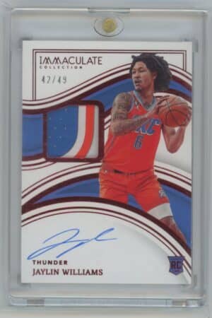 Jaylin Williams 2022 Panini Immaculate Collection Red RC Auto #104, serial #42/49, features a fabric patch and autograph. The card shows Williams (Thunder) in his orange jersey (#6), holding a basketball.