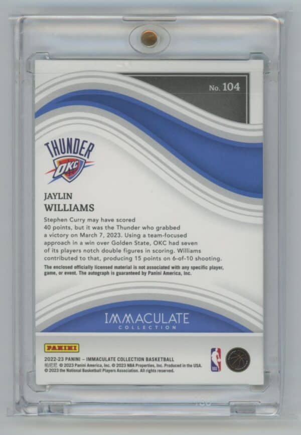 2022 Panini Immaculate Collection Jaylin Williams 104 rookie autographed 61/99 - Image 2
