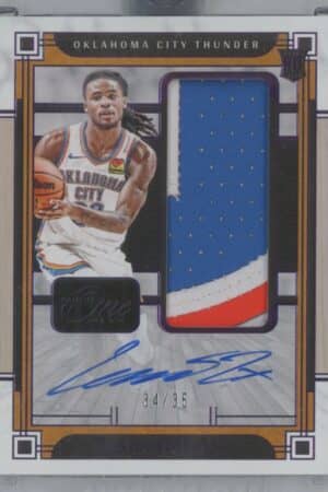 A 2023 Panini One and One RC Jersey Auto Purple basketball card featuring Cason Wallace (Oklahoma City Thunder), #SSP RJJ-CWL, with autograph, fabric patch, and serial numbered 34/35.