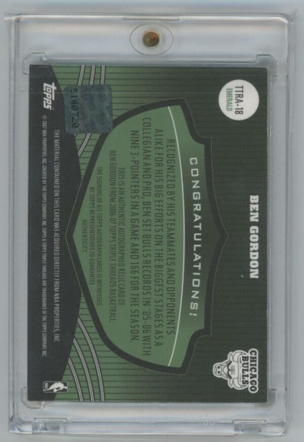 2006 Topps Triple Threads Relics Autographs Sapphire Ben Gordon Symbol TTRA-18 autographed 14/18 - Image 2