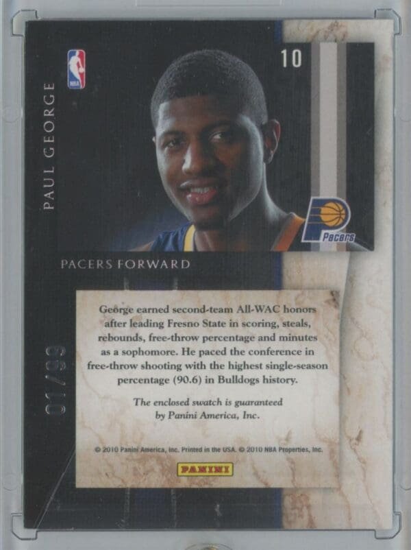 2010 Panini Paul George 10 rookie 1/99 - Image 2