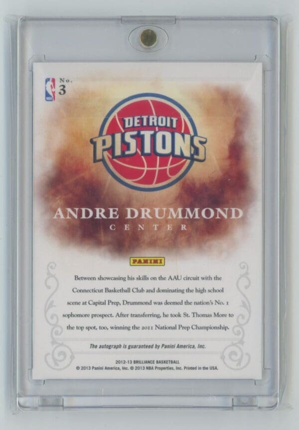 2012 Panini Brilliance Brilliant Beginnings Autographs Andre Drummond 3 autographed - Image 2