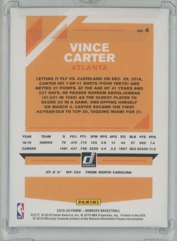 2019 Donruss Holo Orange Laser Vince Carter 4 - Image 2