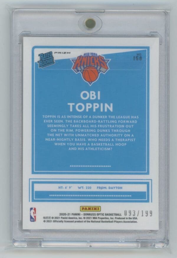 2020 Donruss Optic Orange Obi Toppin 158  093/199 - Image 2