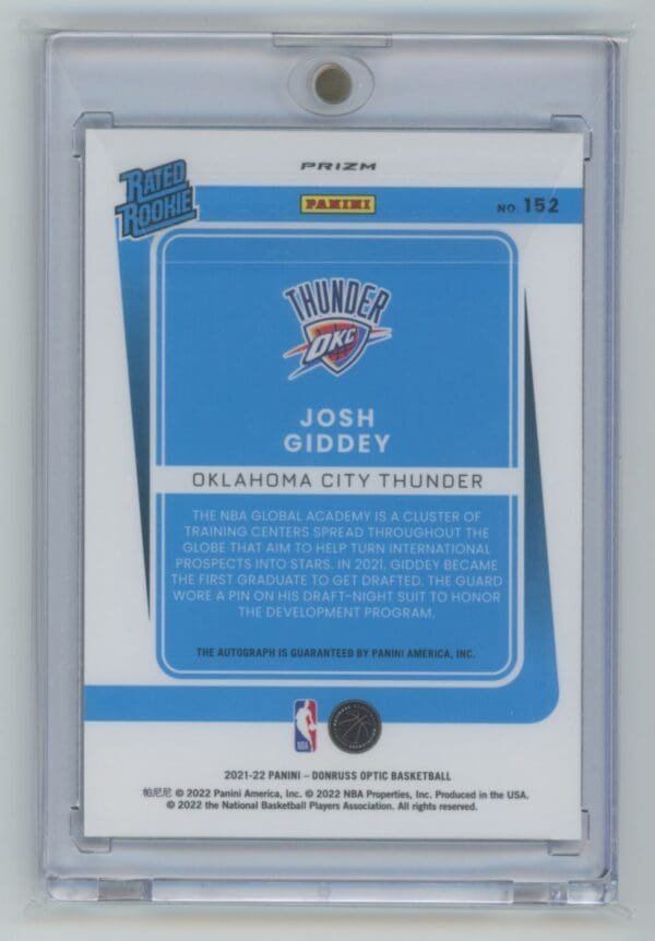 2021 Donruss Optic Rated Rookies Signatures Josh Giddey 152 autographed - Image 2