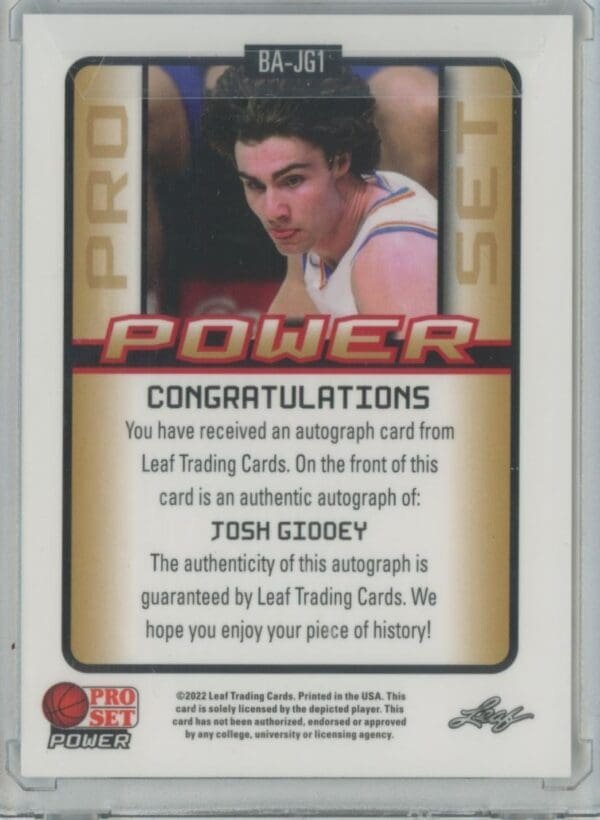 2021 Leaf Power Josh Giddey BA-JG1 rookie autographed 11/50 - Image 2