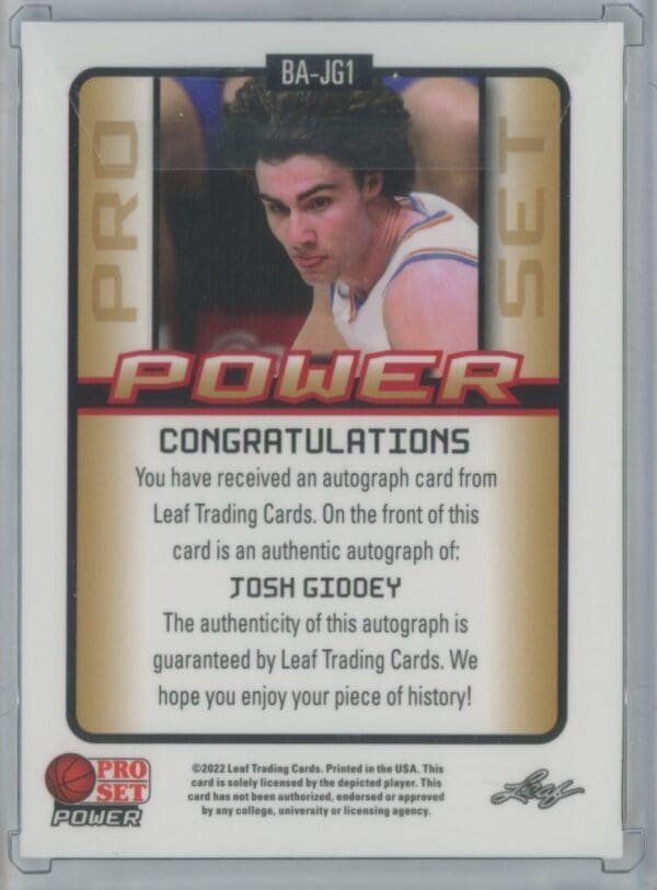 2021 Leaf Power Josh Giddey BA-JG1 rookie autographed 23/50 - Image 2