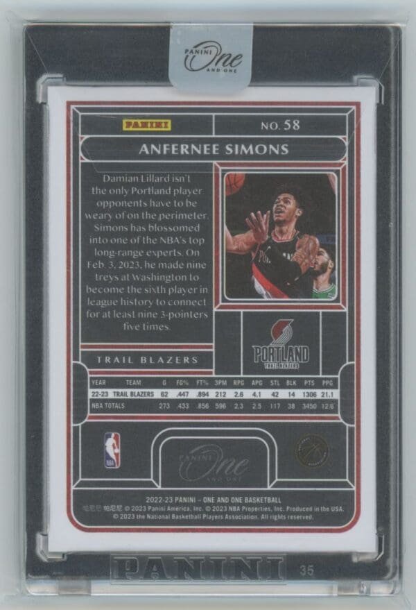 2022 Panini One and One Purple Anfernee Simons 58  19/25 - Image 2