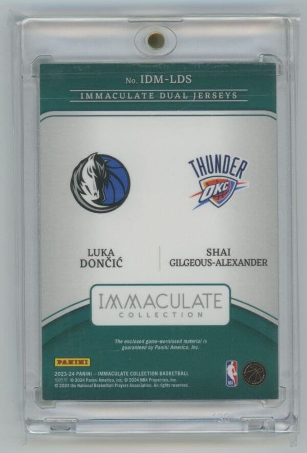 2023 Panini Immaculate Collection Dual Memorabilia Shai Gilgeous-Alexander / Luka Doncic IDM-LDS  65/99 - Image 2