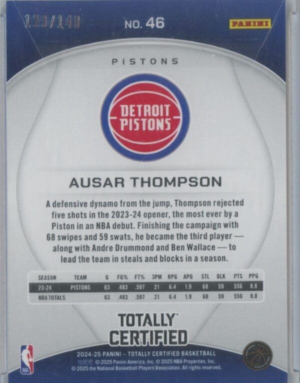 2024 Panini Totally Certified Ausar Thompson 46  123/149 - Image 2