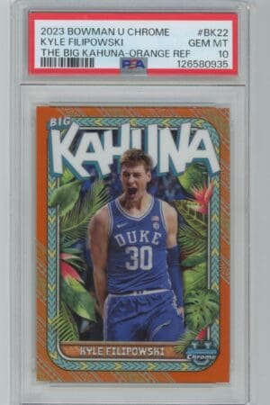 A 2023 Bowman U Chrome Big Kahuna Orange Ref (#BK22, 24/25) basketball card of Kyle Filipowski (Duke), graded PSA 10 GEM MT.
