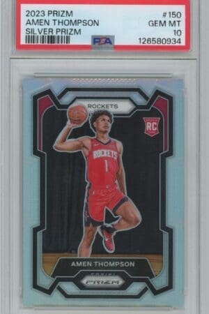A PSA 10 Panini Prizm Silver Rookie card of Amen Thompson (#150, 2023), featuring him in a red Houston Rockets uniform, jumping with a basketball. Label: GEM MT 10, Silver Prizm.