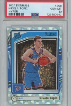 2024 Donruss Hyper Nikola Topic rookie card (#208), serial 35/125, graded PSA 10, features Topic in an Oklahoma City Thunder uniform with a sparkling background.