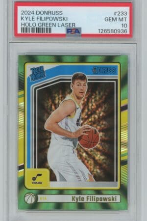 2024 Donruss Kyle Filipowski Rookie #233, Holo Green Laser, PSA 10 GEM MT. Features Filipowski of the Utah Jazz in a white uniform holding a basketball.