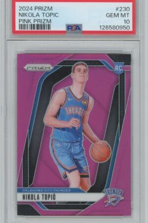 A 2024 Panini Prizm Pink Prizm Nikola Topic Rookie (#230, 109/249) basketball card, graded PSA 10, features Topic in his Oklahoma City Thunder uniform against a vivid pink background.
