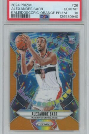 This Alexandre Sarr Panini Prizm Kaleidoscopic Prizms Orange Rookie card (#26, 2024, 40/49) shows him in a Wizards uniform. Graded PSA 10 Gem Mint and securely encased in plastic.