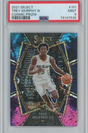 A 2021 Panini Select Cosmic Prizm Premier rookie card #151 of Trey Murphy III (New Orleans Pelicans), graded PSA 9, featuring a holographic background.