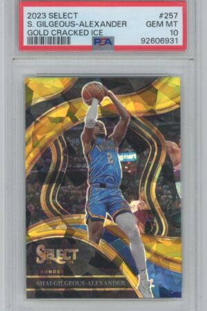 A 2023 Panini Select Gold Cracked Ice Courtside #257 Shai Gilgeous-Alexander card, PSA 10 (04/10), showing him in a blue Thunder uniform mid-jump shot, graded Gem Mint with the PSA label.
