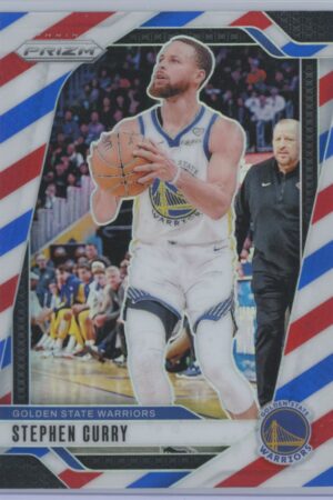 A basketball trading card featuring Golden State Warriors player Stephen Curry holding a basketball, preparing to shoot. Bold red, white, and blue borders frame the card, and a coach stands in the background.