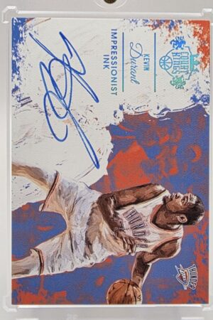 2015 Panini Court Kings Impressionist Ink #II-KD card featuring Kevin Durant (Oklahoma City Thunder) in a white uniform, dribbling with blue ink autograph and colorful paint background. Serial numbered 10/25.