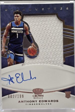 Autographed 2020 Panini Crown Royale #123 Anthony Edwards rookie card, featuring jersey patch and serial number 002/199, highlights the Minnesota Timberwolves star from the Silhouettes subset.