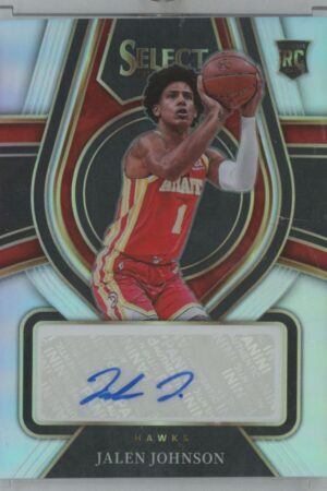 The Jalen Johnson Panini Select 2021 Rookie Signatures card (#RS-JJN, 060/249) features his autograph, rookie RC badge, and him in a red Atlanta Hawks uniform holding a basketball mid-shot.