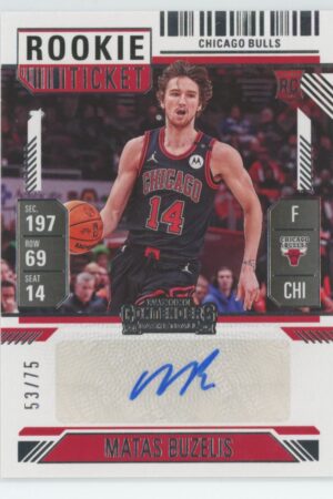 Matas Buzelis autographed rookie card (#RST-BUZ, 53/75), featuring him in a Bulls uniform from the 2024 Panini Silhouette Contenders series, with his autograph, stats, and official Bulls and NBA logos.