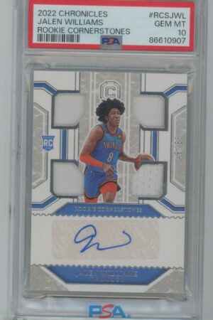 A graded 2022 Chronicles Rookie Cornerstones basketball card of Jalen Williams, featuring his autograph and patch pieces, encased and rated Gem Mint 10 by PSA.