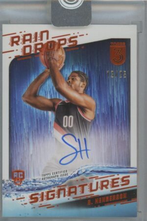A basketball trading card titled Rain Drops Signatures features a player in a black jersey with 00 shooting a basketball. The card includes a blue autograph, and the player’s name, S. Henderson, appears at the bottom.